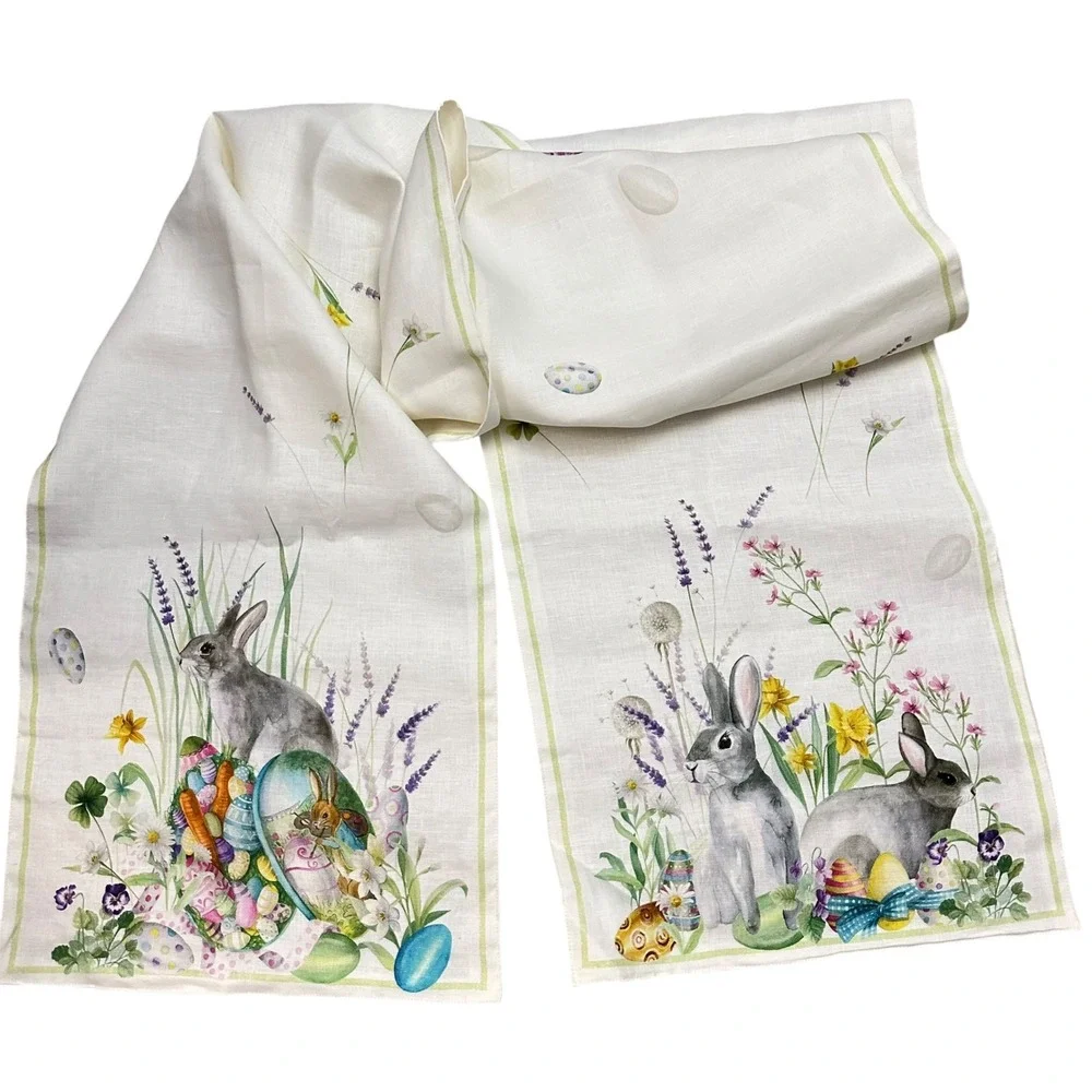 Williams Sonoma Italy ROGER Table Runner Spring Theme Bunnies Eggs Linen